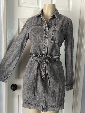 Who What Wear Washed Black Denim Shirt Dress with Tie Waist & Pockets